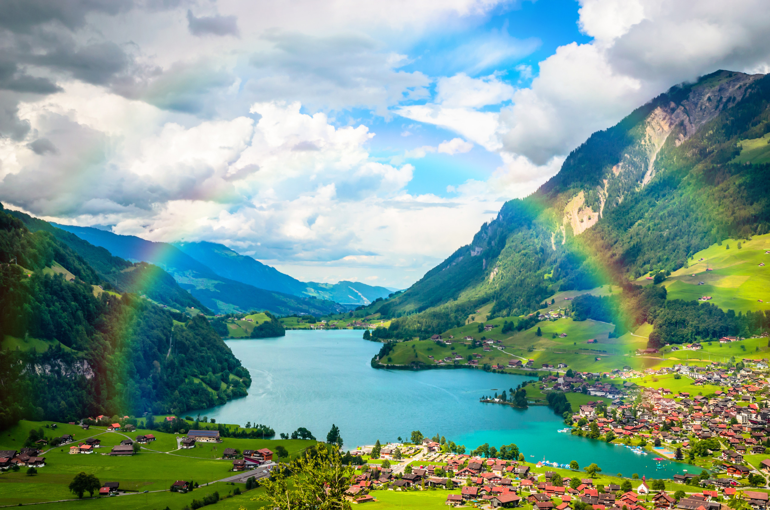 Aerial view on Lungernsee lake near Luzern, Switzerland, Europe