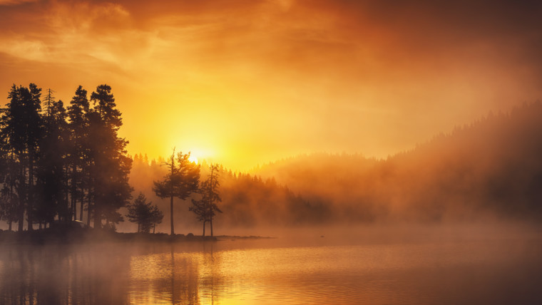 Morning fog on the lake, sunrise shot