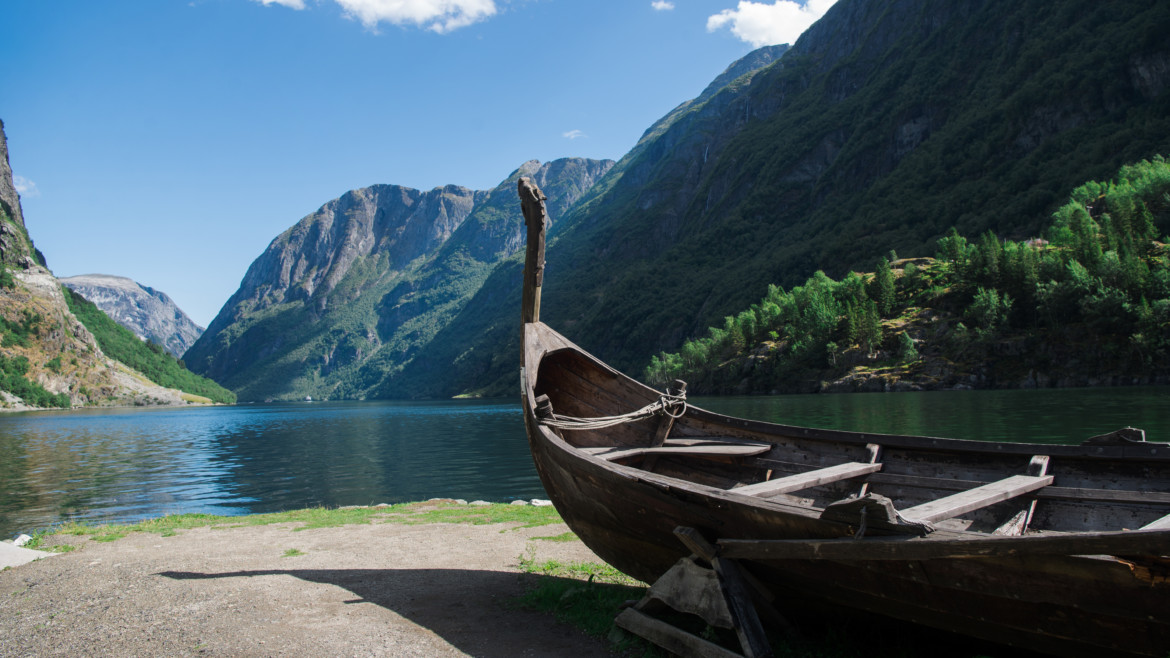 boat near lake and mountains in Gudvangen, Neirofjord, Norway